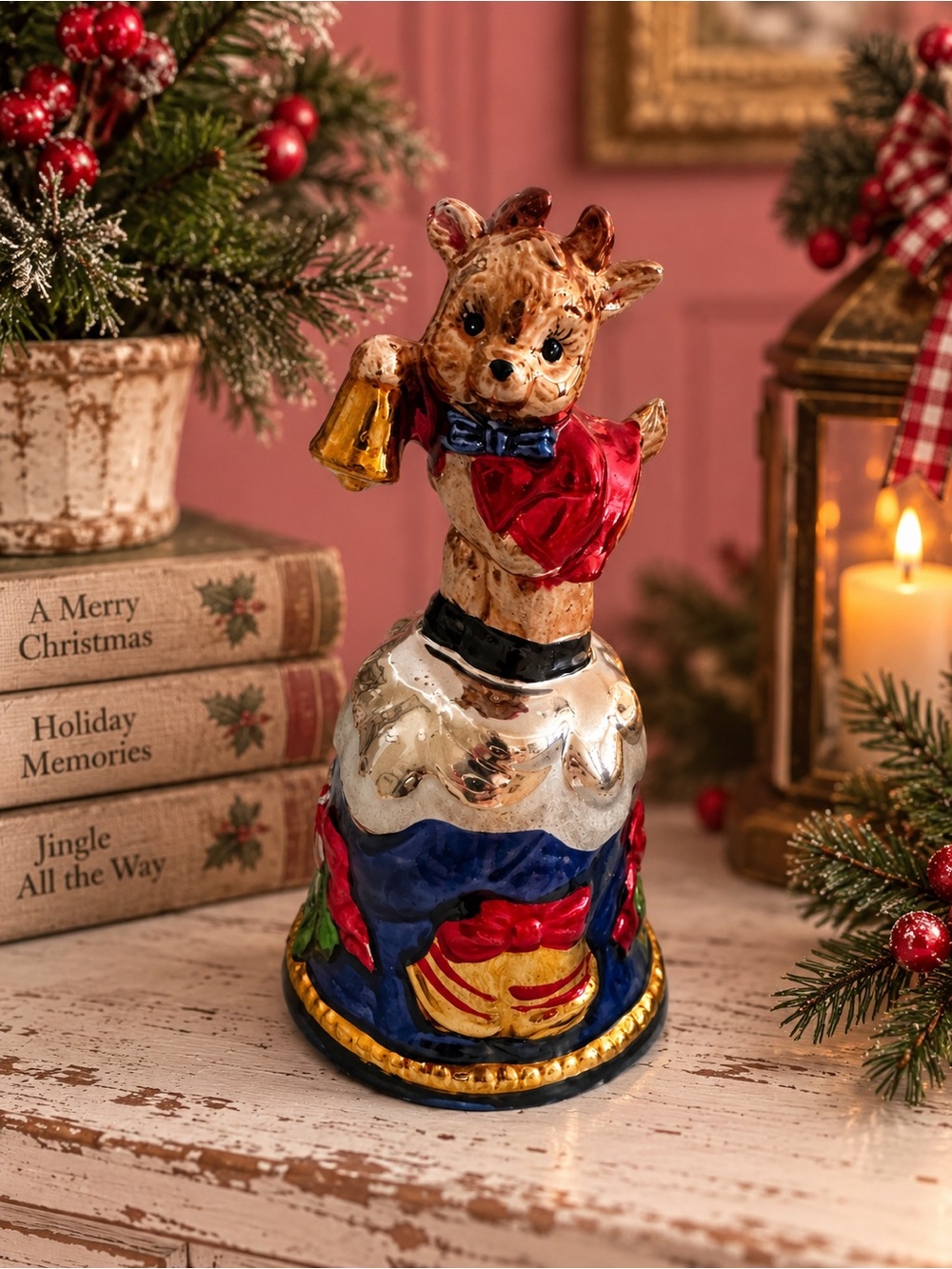 Holiday Reindeer Bell Figurine - Red and Blue Festive Decor